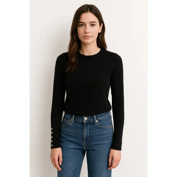 Women's Zara Black Gold Button Crew Neck Sweater M - Picture 1 of 8